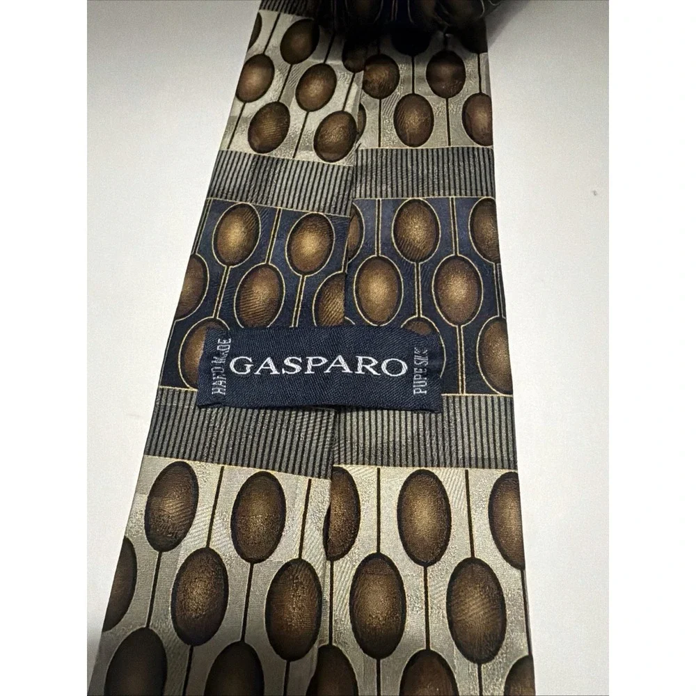 Gasparo Mens Silk Tie Bronze Grey Geometric Oval Abstract Hand Made Necktie